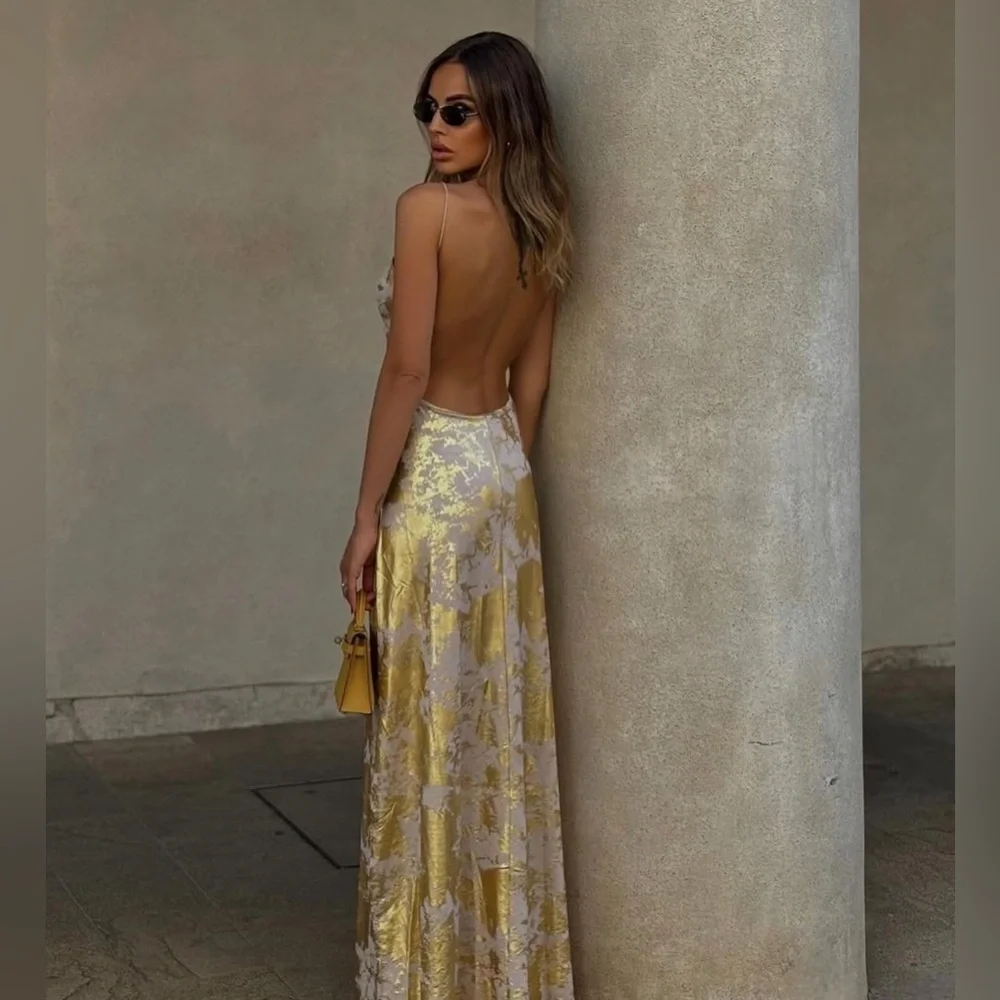 Metallic Print V-Neck Backless Slip Long Dress Commense CM4 size XS - Picture 8 of 9